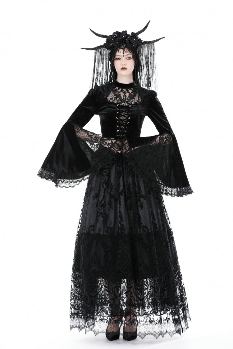Black Women's Gothic Victorian Bell Sleeves Lace-Up Lace Splice Velvet  Blouse