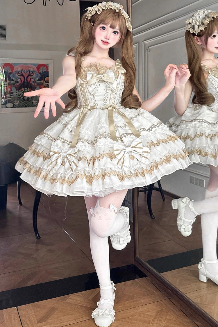 White [Gilded Memories] Sleeveless Double-Layered Ruffle Hot Stamping Bowknot Lace Sweet Lolita Jsk Dress