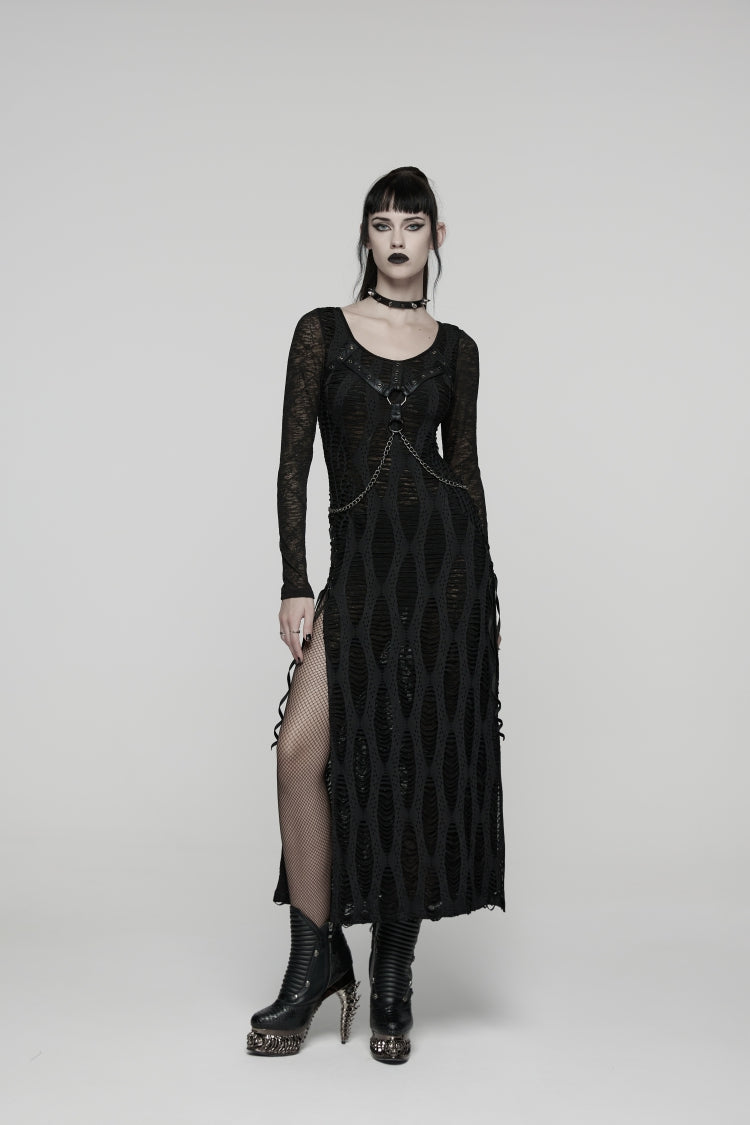 Robe Femme Punk Cool Noire à Col Rond, Manches Longues, Découpes, Lacets, Slim, Boucles et Chaîne Décorative aux Œillets