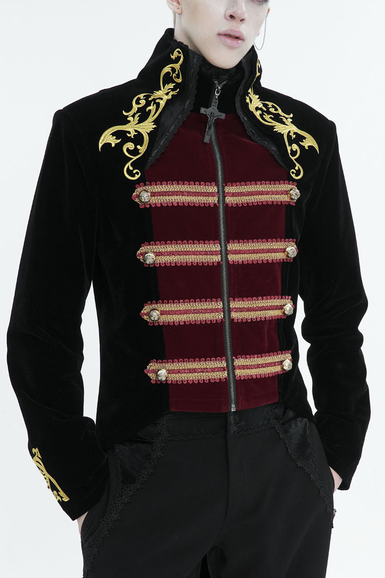 Black/Red Retro Totem Embroidered Swallow Tailed Men's Gothic Coat