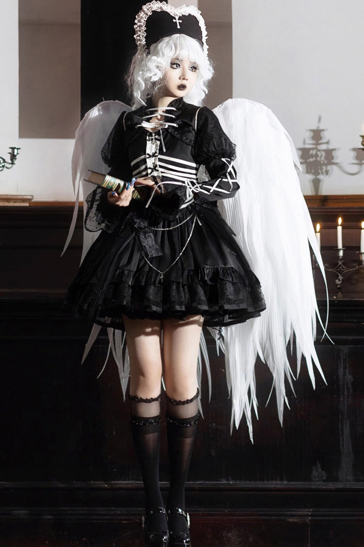 Black Prisoner Illusion Long Sleeves Multi-layer Ruffle Bowknot Gothic Princess Lolita Jsk Dress