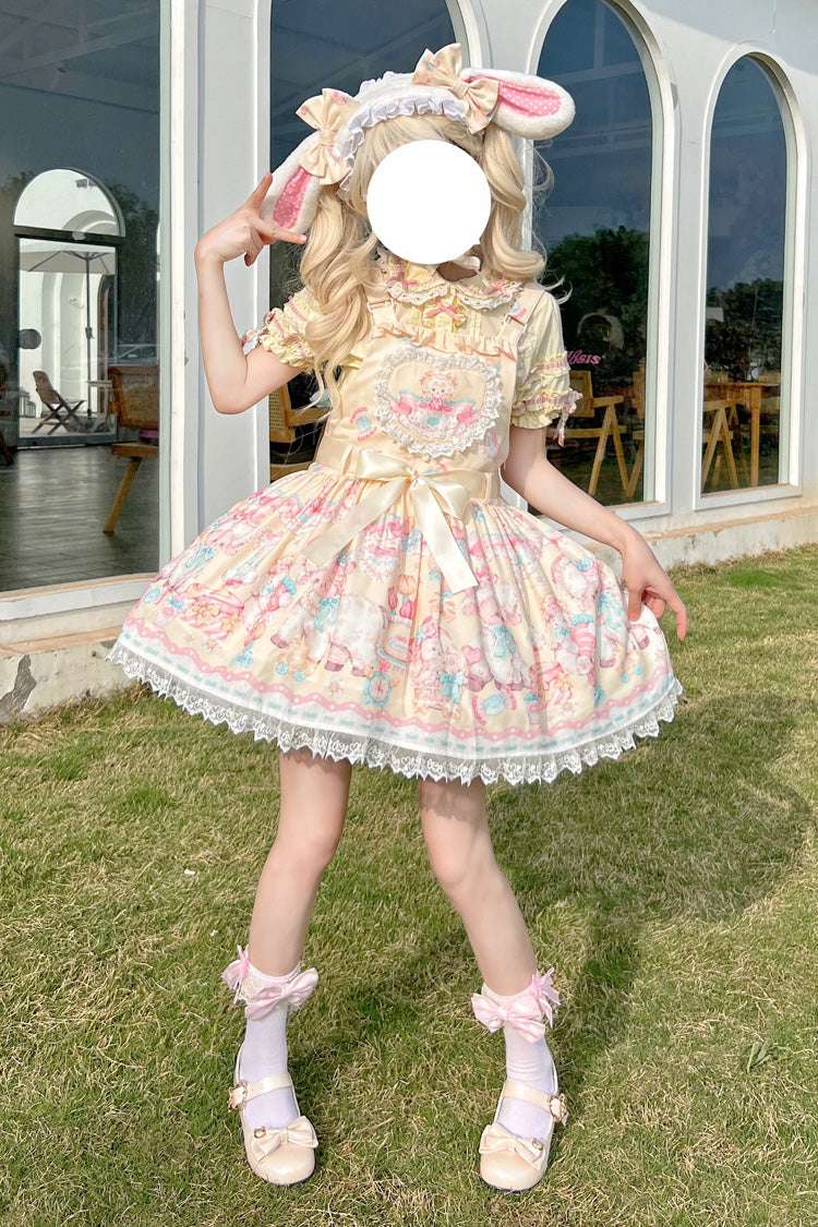 Süßes Lolita-Trägerkleid mit Schleife und Spitze im Schafspelz-Party-Print in Gelb