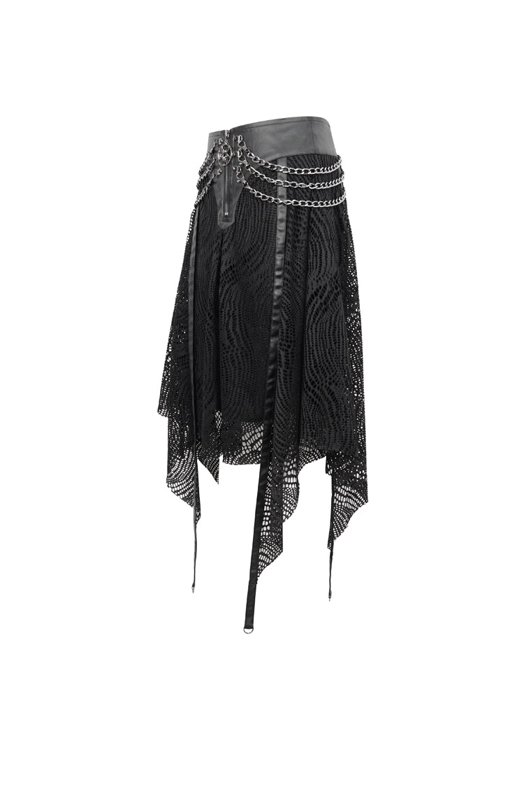 黒の不規則なハーフ中空ニットメタルチェーン装飾女性のパンクスカート