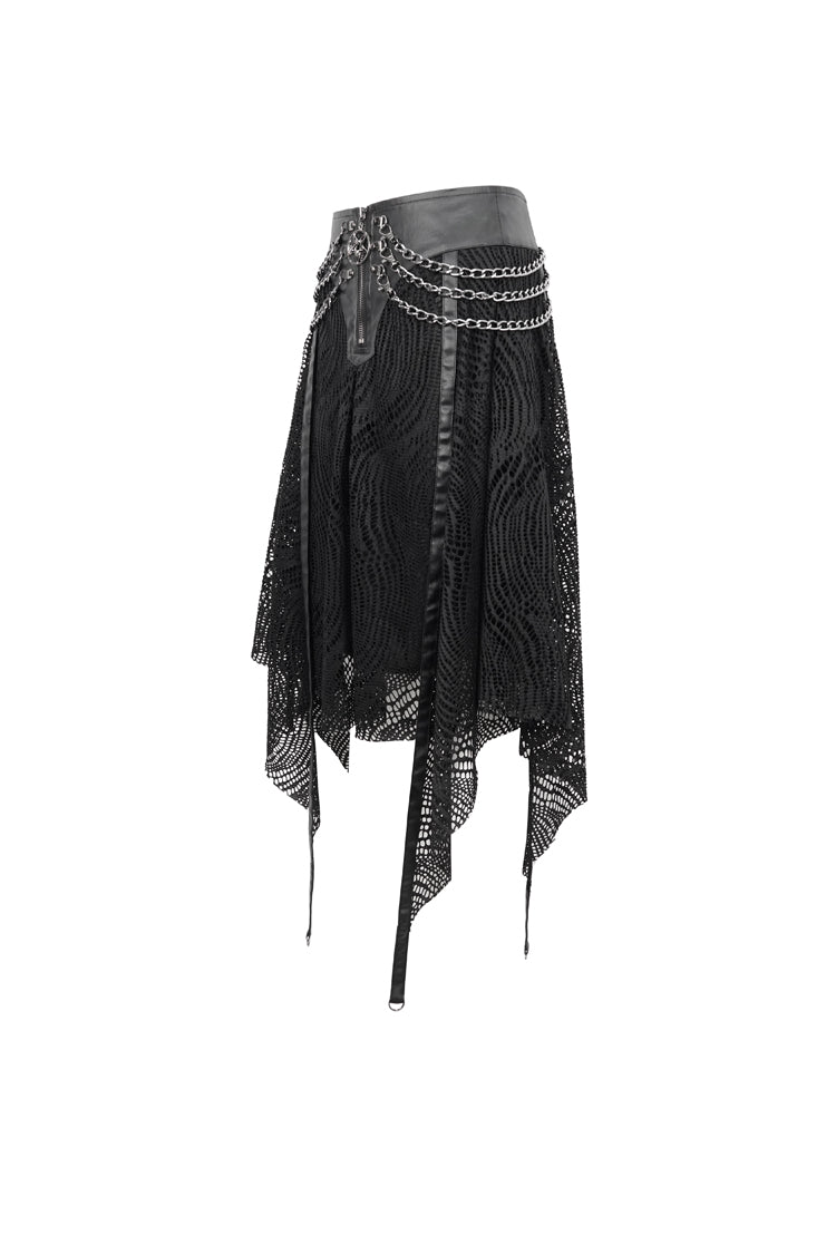 Black Irregular Half Hollow Knit Metal Chain Decorated Women's Punk Skirt