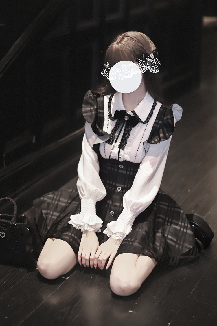 Black Plaid Print Classic College Style Elegant Lolita Strap Short Dress