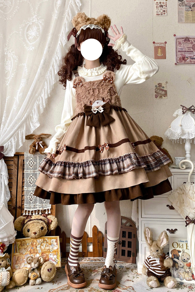 Brown Bear Triple-Layered Ruffle Bowknot Sweet Lolita Strap Dress