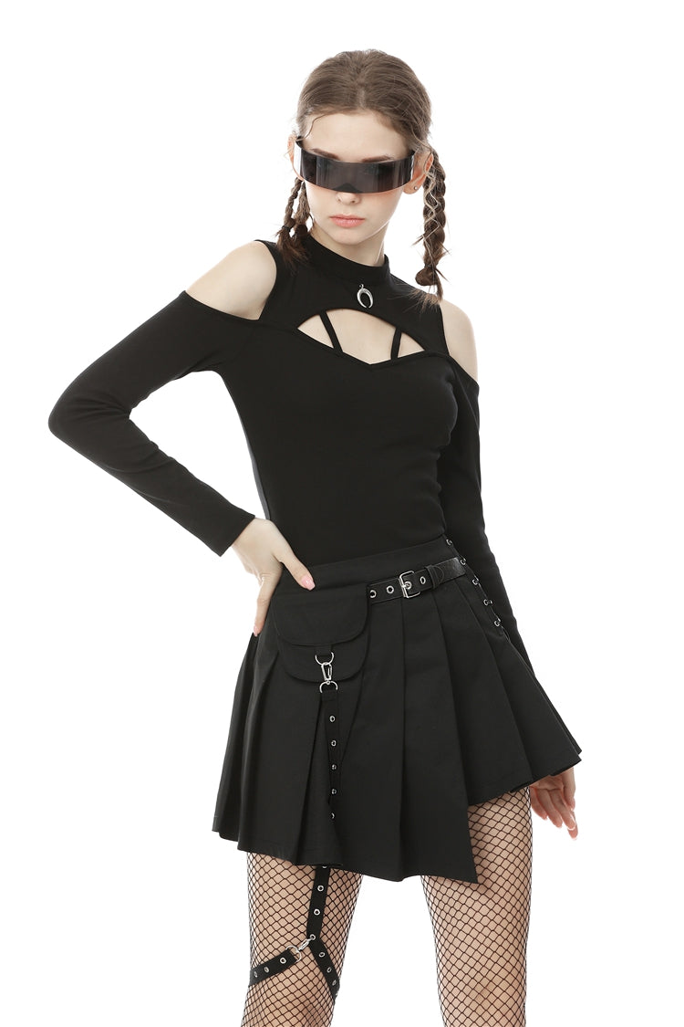 Schwarzer, plissierter Damen-Punkrock mit unregelmäßigem Saum und Seitentasche