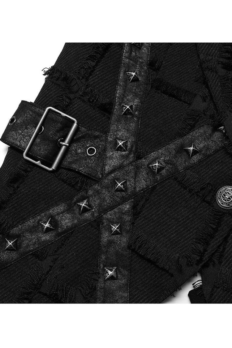 Black Gothic Asymmetrical Decadence Hairy Flu Back Cutout Design Leather Strip Metal Rivets Men's Vest