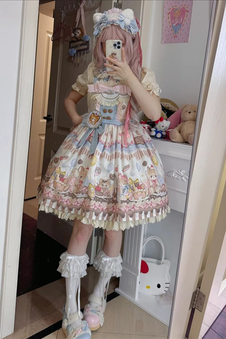 Multi-Color Sleeveless [Cat Dessert] Print Ruffle Bowknot Lace Sweet Japanese Lolita Strap Dress