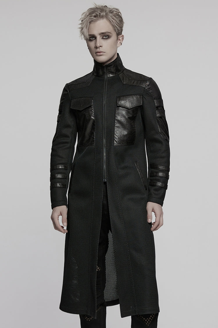 Manteau Punk pour Homme à Col Montant Noir Manches Longues en Similicuir et Maille 
