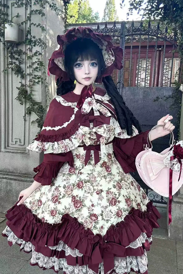 Burgunderrotes, schulterfreies, schulterfreies, ärmelloses Gothic-Lolita-JSK-Kleid mit Rüschen und Schleife und Blumenwanddruck
