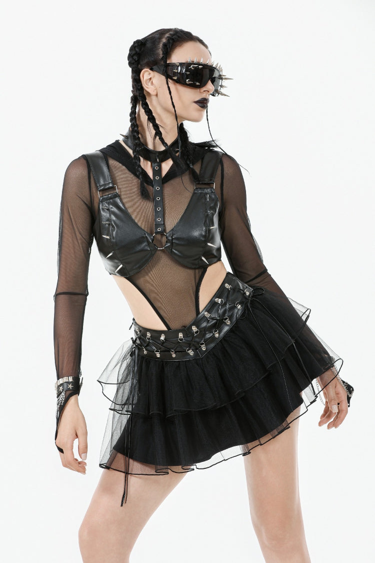 Schwarzer mehrschichtiger Spitzen-Mesh-Damen-Punk-Kurzrock mit D-Ring-Bindungen an der Taille