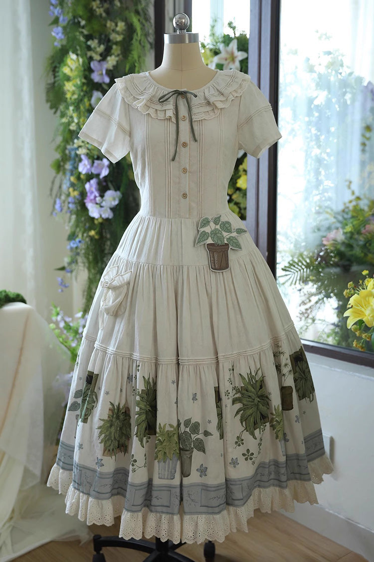 Ivory [Potted Plant] Short Sleeves Print Ruffle Sweet Lolita Dress
