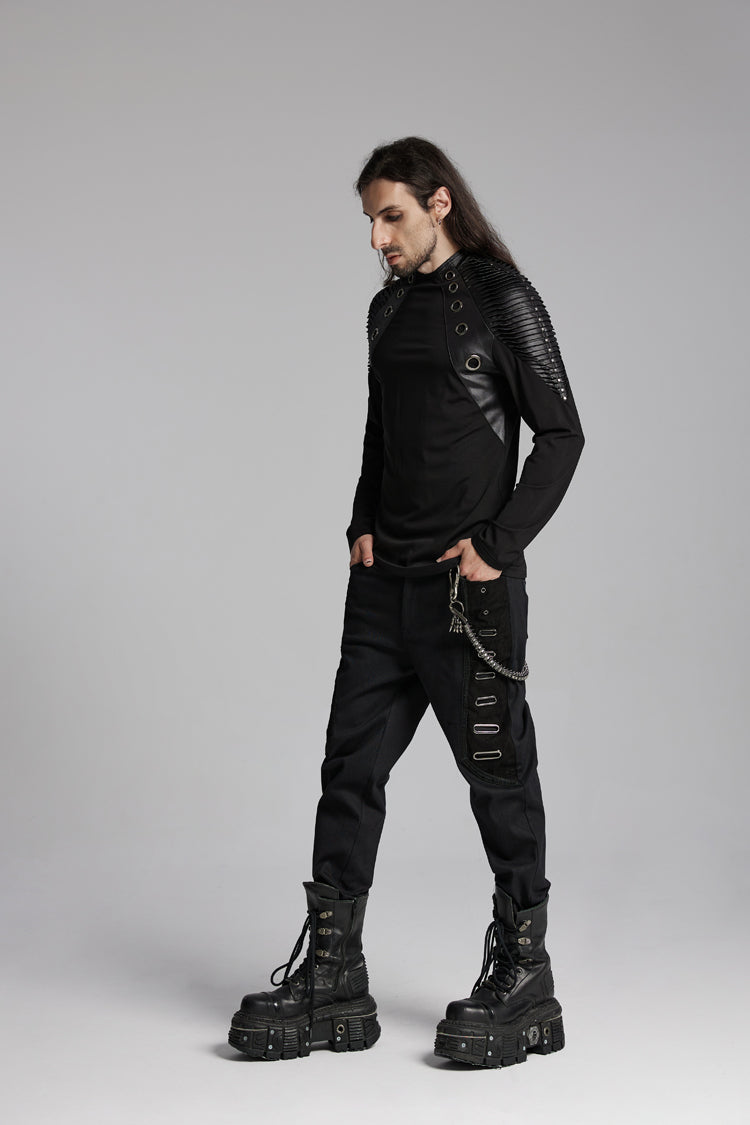 Black Round Collar Long Sleeves Mesh Pleated Loop Men's Punk Blouse