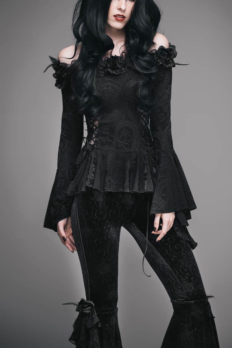 Black Knit One-Word Shoulder Rose Decoration Collar Waist Side Splice Lace Up Flare Sleeve Women's Gothic Shirt