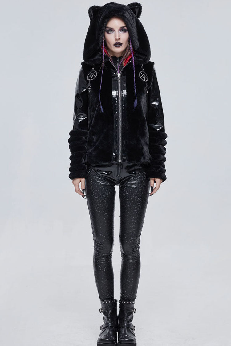 Black Punk Cuff Pleated Design Metal Five-Pointed Star Shape Belt Decoration Cat Ear Women's Coat