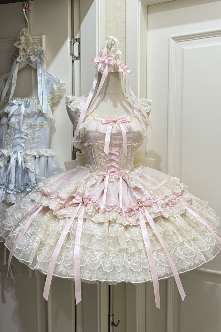 Pink [Ribbon Heart Love] Sleeveless Multi-Layered Ruffle Bowknot Lace Lace-Up Sweet Princess Ballet Lolita Jsk Dress