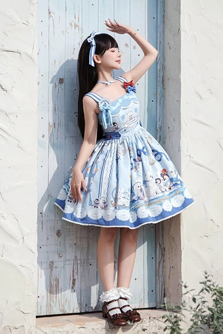 Blue [Penguin Navy] Print Ruffle Bowknot Sweet Princess Lolita Jsk Dress