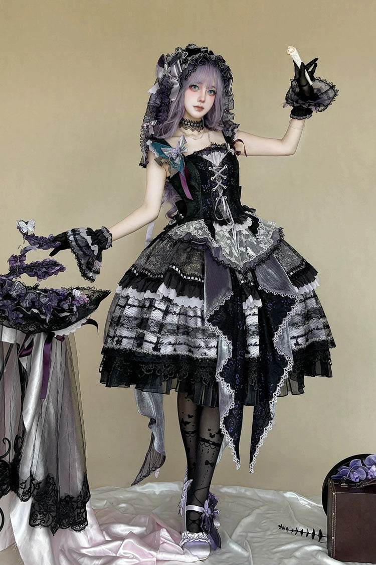 Black/Purple [Moonlit Purple Butterfly] Sleeveless Corset Waist Lace-Up Bow Lace Ruffled Floral Print Women's Gothic Princess Lolita Wedding Dress