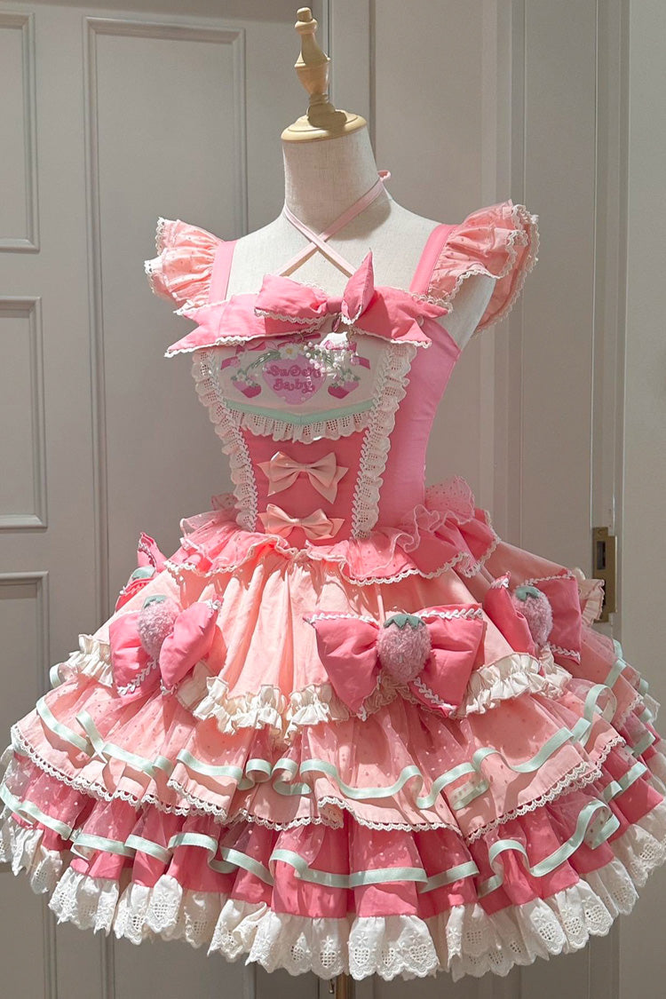 Pink Multi-Layered [Cream Strawberries] Print Ruffle Bowknot Sweet Lolita Tiered Dress
