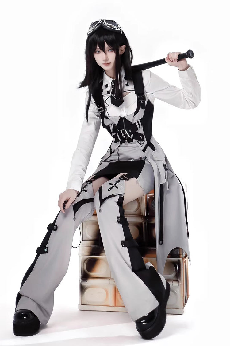 Black/White Long Sleeves Color Matching Handsome Sci-fi Lolita Skirt Set