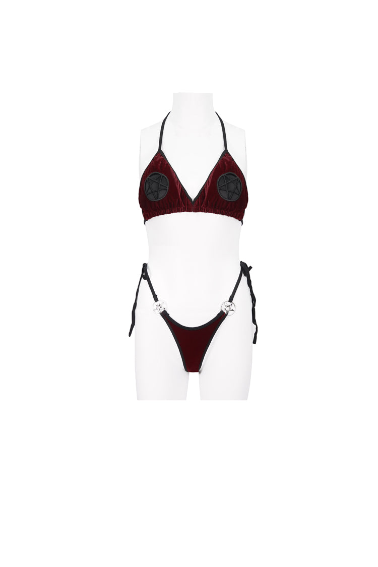 Red Velvet Stretch Sexy Cutout Pentagram Women's Gothic Swimsuit Set