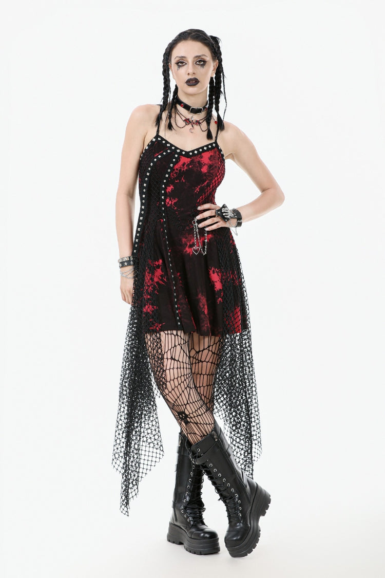 Rotes, ärmelloses, asymmetrisches, mit Batikmuster versehenes Punk-Slip-Kleid mit Netzsaum für Damen
