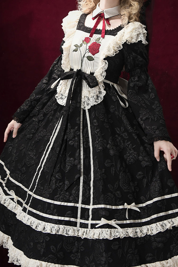 Black [Rose Choir] Double-Layered Ruffle Embroidery Bowknot Lace Gothic Elegant Nun Lolita Dress