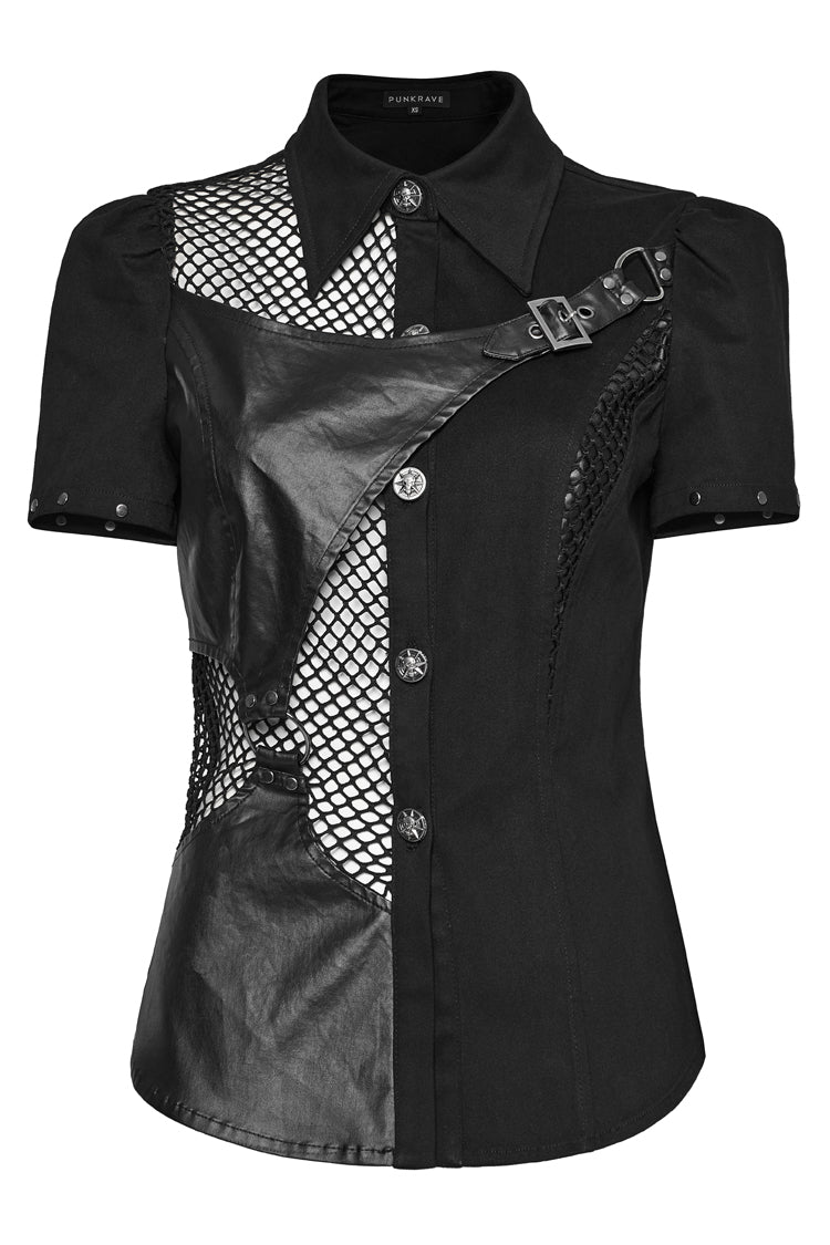 Black Twill Woven Short Sleeves Hollow Leather Stitching Womens Steampunk Blouse