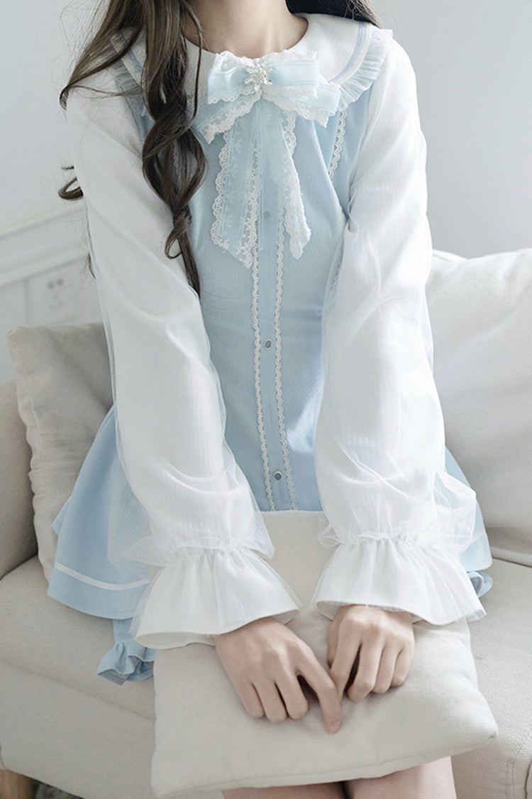 Blue Long Sleeves Ruffle Bowknot Lace Sweet Jirai Kei Dress Set