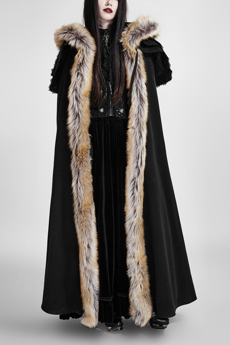 Black Hooded Fur Collar Wool Long Womens Gothic Coat Cloak