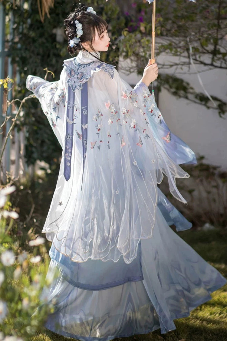 Blue Long Sleeves High Waisted Embroidery Women's Classic Chinese Style Hanfu Dress Full Set