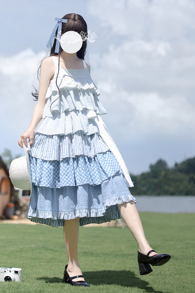 Blue [Go To The Beach] Multi-Layered Print Ruffle Holiday Sweet Lolita Jsk Dress