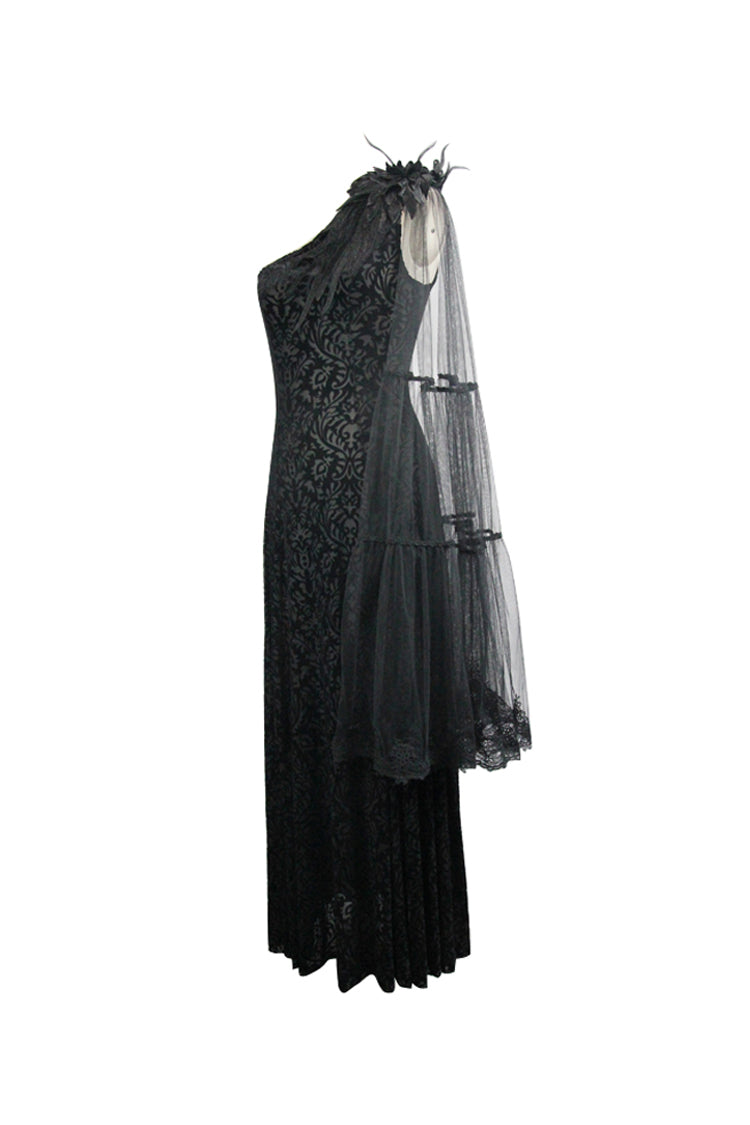 Black One Shoulder Mesh Shawl Feather Lace Decoration Velvet Long Women's Gothic Dress