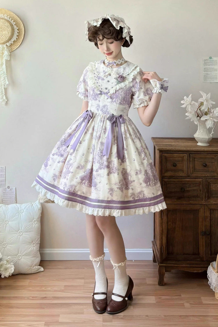 Purple [Grape Moon Almanac] Short Sleeves Multi-Layered Printed Ruffled Bow Sweet Lolita Dress