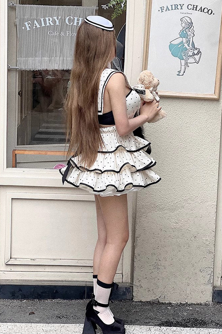 Apricot Multi-layer Polka Dots Print Navy Doll Ruffle Bowknot Sweet Lolita Tiered Dress