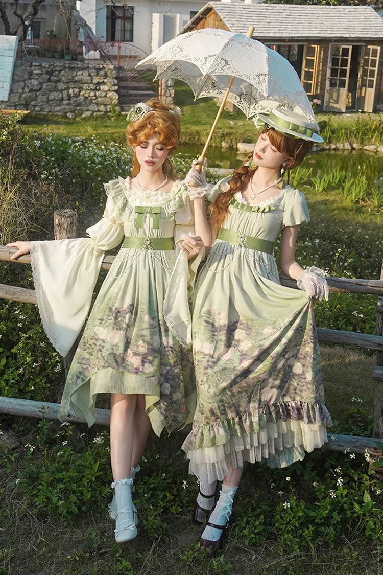 Green [Blooming Roses] Print Oil Painting Chiffon Ruffle Bowknot Irregular Sweet Lolita Jsk Dress