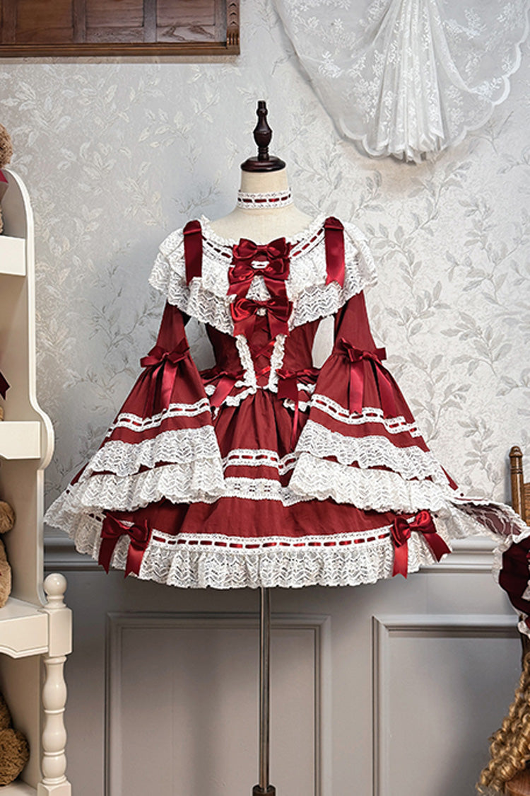 Wine Red [Rabbit Sleeping Doll] Long Trumpet Sleeves Ruffle Bowknot Lace Sweet Lolita Dress