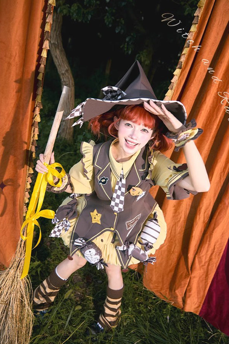 Brown/Yellow [Witch and Paradise] Short Sleeves Ruffle Bowknot Sweet Japanese Halloween Lolita Dress Vest Set