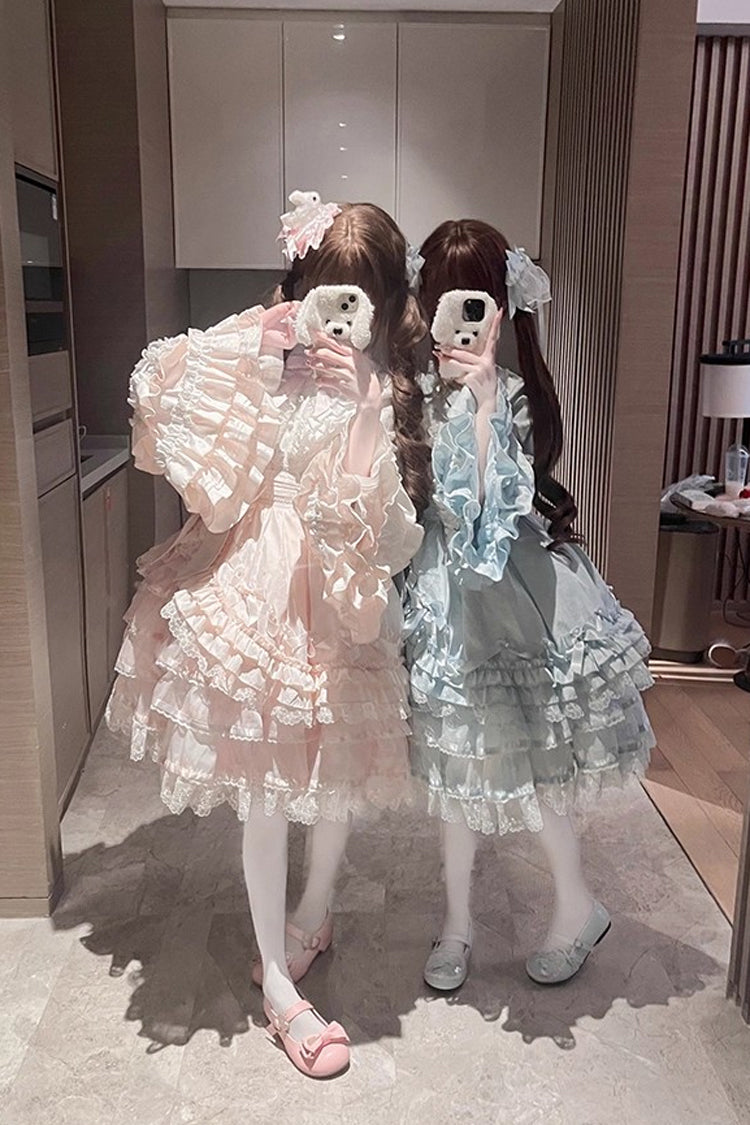Pink [The Soloist Doll] Long Hime Sleeves Multi-Layered Print Ruffle Bowknot Asymmetric Sweet Lolita Dress