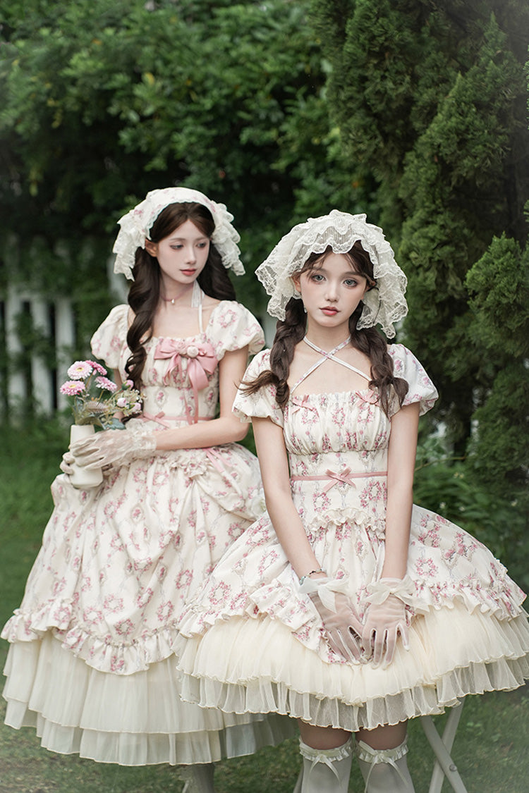 Robe courte Lolita douce à manches courtes ivoire [Rose après la pluie] à imprimé triple couche avec nœud à volants et lacets 