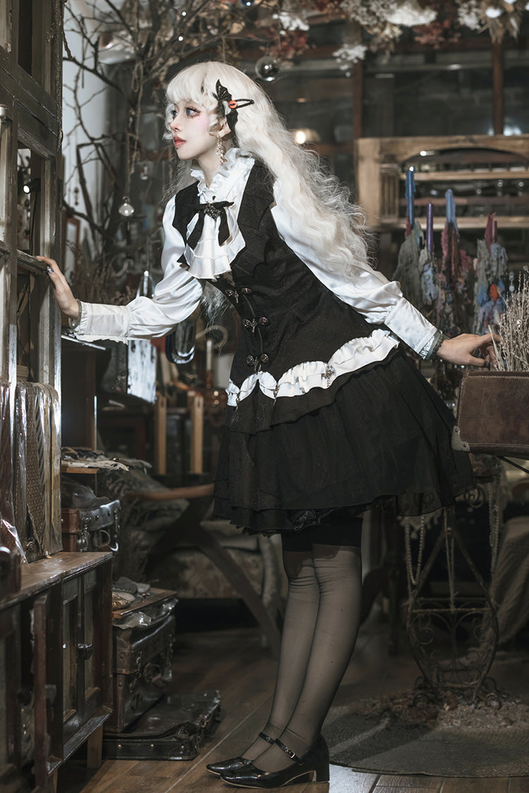 Black/White [The Duke of Blood] Multi-Layered Ruffle Bowknot Gothic Lolita Vest Skirt Set