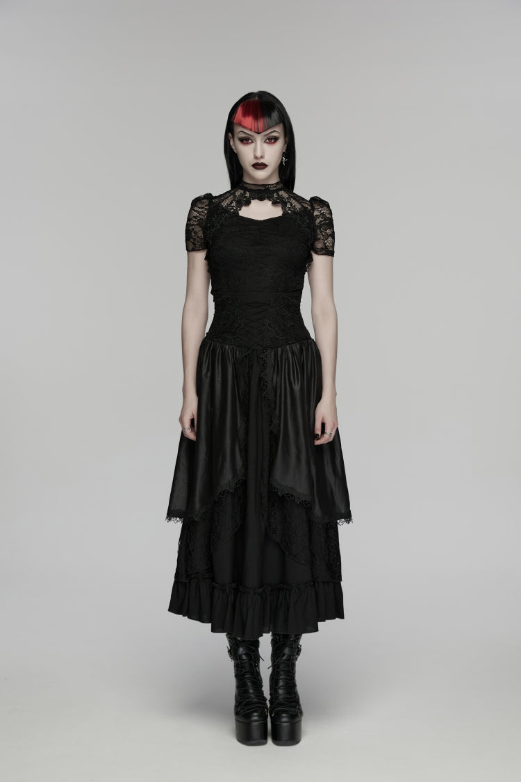 Jupe de Cosplay gothique élégante noire plissée en dentelle brodée florale multicouche taille haute pour femmes