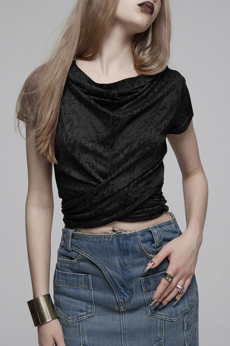 Schwarzes Punk-T-Shirt mit Kapuze für Damen mit abstraktem Aufdruck