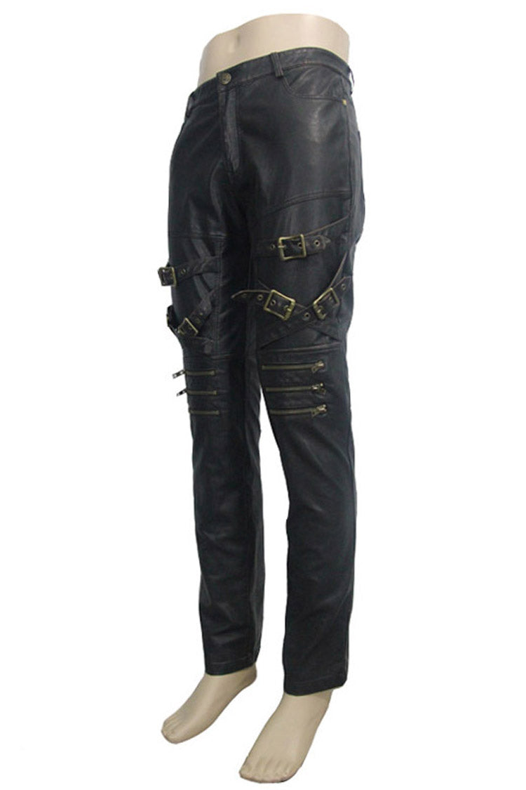 Bronze Multi Loops Zipper Metal Inlay Bandage Hand Rubbed Leather Men's Punk Pants