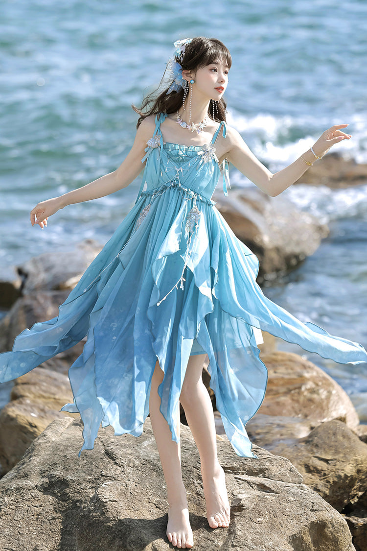 Blue [Ocean Sprite] Gradient Print Irregular Hooded Sweet Lolita Jsk Dress Cloak Set