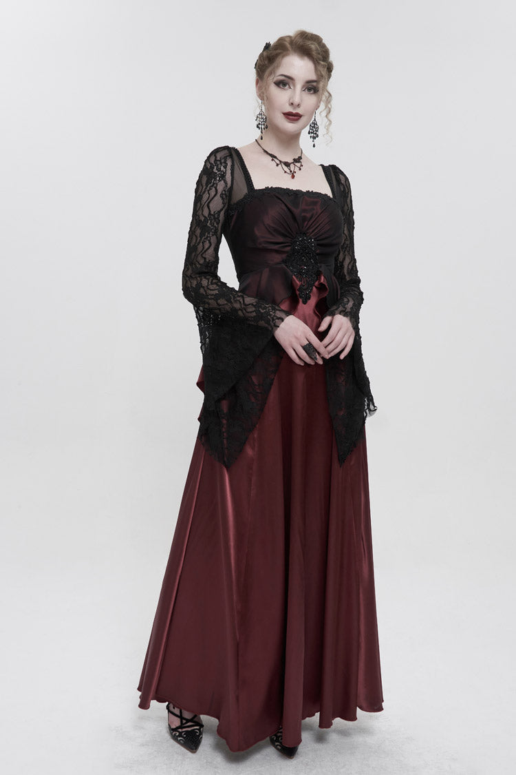 Red Lace Pointy Large Sleeves Back Middle Zipper Satin Long Floor Length Women's Gothic Dress
