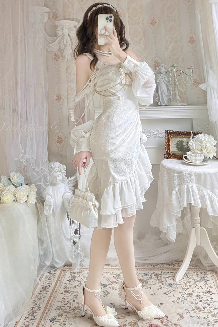 White [Camellia 2.0] Sleeveless Jacquard Ruffle Lace Asymmetric Sweet Chinese Style Fishtail Lolita Jsk Dress