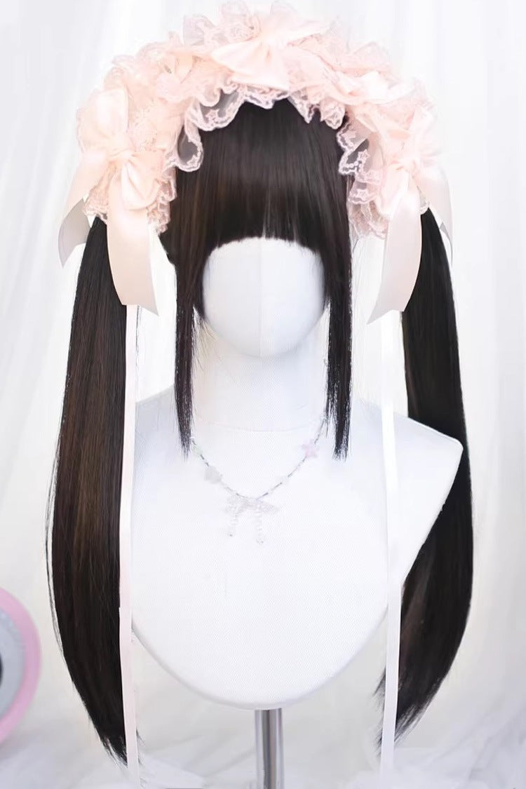 Tiefschwarze Teebraune lange gerade Zwillingszöpfe Daily Sweet Lolita Perücke