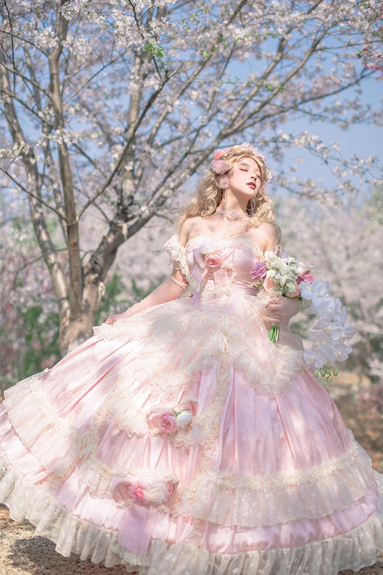 Pink [Love and Roses] Ruffle Hanayome Bowknot Lace Sweet Princess Lolita Jsk Dress
